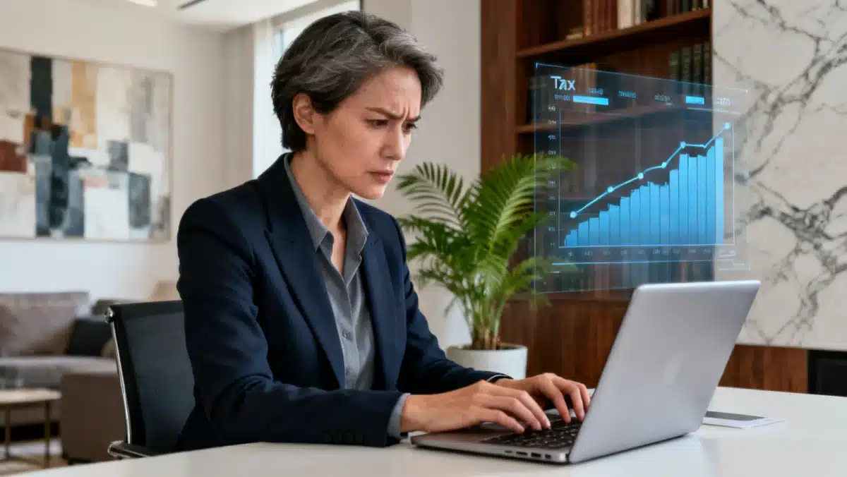 Focused investor reviewing digital currency tax implications on a tablet