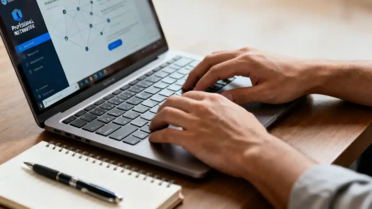 Person preparing for an informational interview by researching on a laptop.