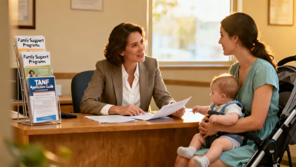 Case worker explaining TANF benefits to a mother