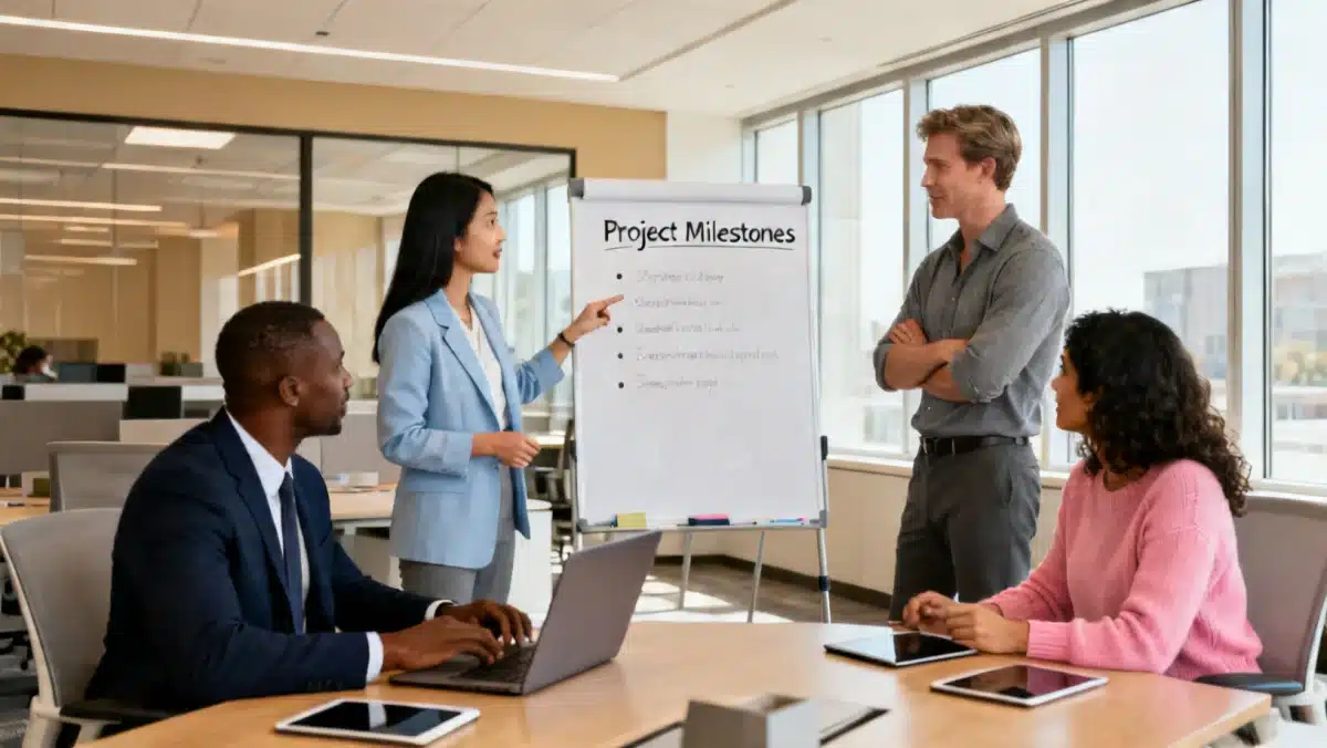 Diverse team collaborating effectively in a modern office environment, demonstrating teamwork and communication skills.