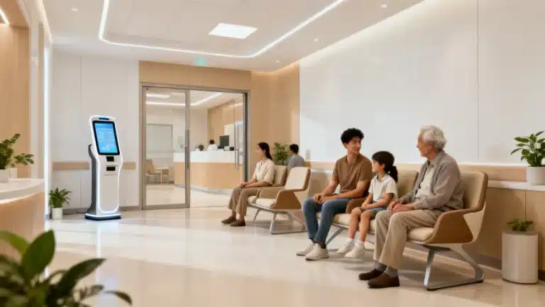 Modern urgent care clinic waiting room with diverse patients