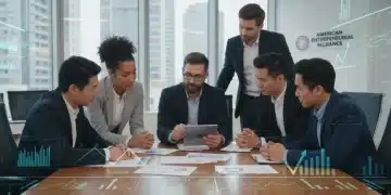 Diverse small business owners discussing federal grant applications in a modern office