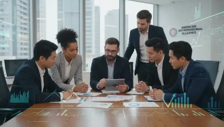 Diverse small business owners discussing federal grant applications in a modern office