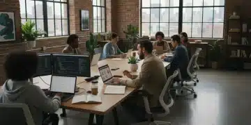 Freelancers working collaboratively in a modern co-working space