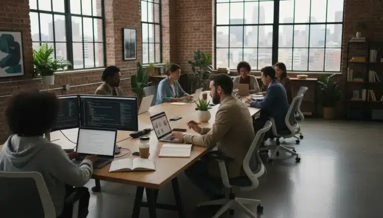 Freelancers working collaboratively in a modern co-working space