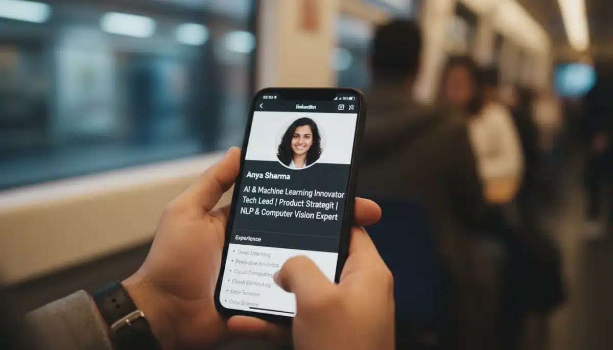 Smartphone displaying optimized LinkedIn profile with strong keywords