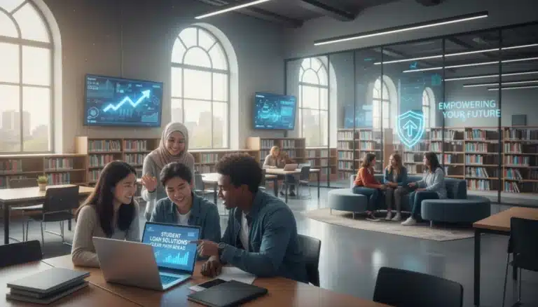 Students discussing federal student loan forgiveness options in a university library.
