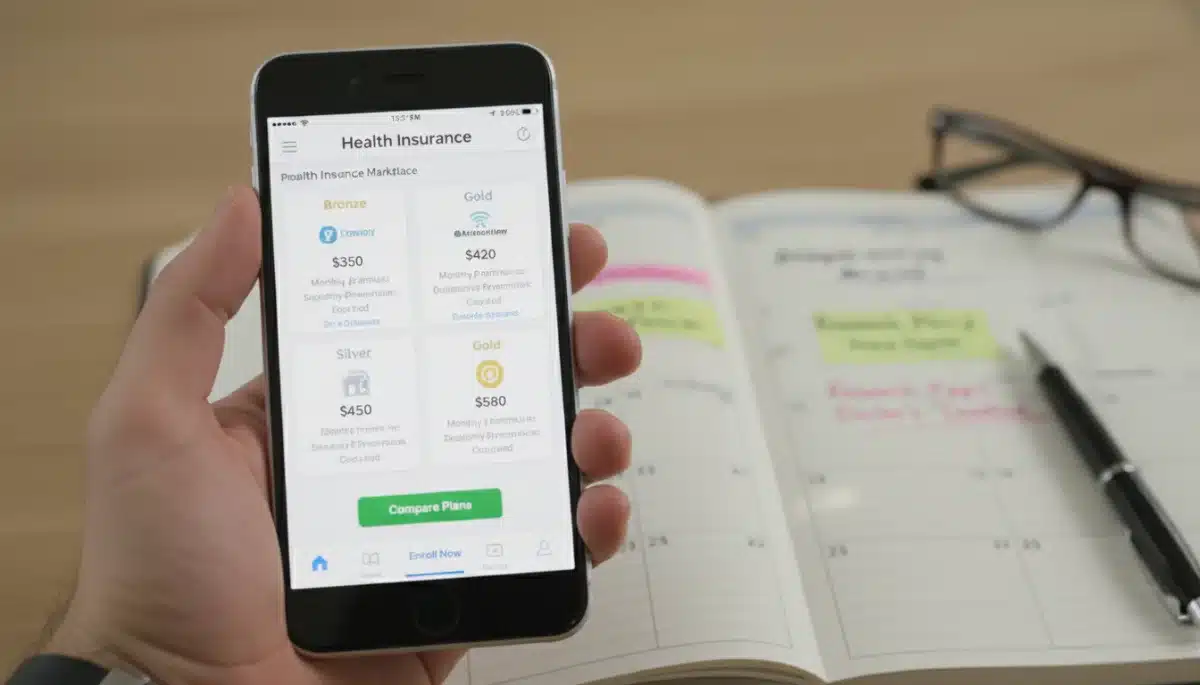 Person comparing health insurance plans on a smartphone during open enrollment.