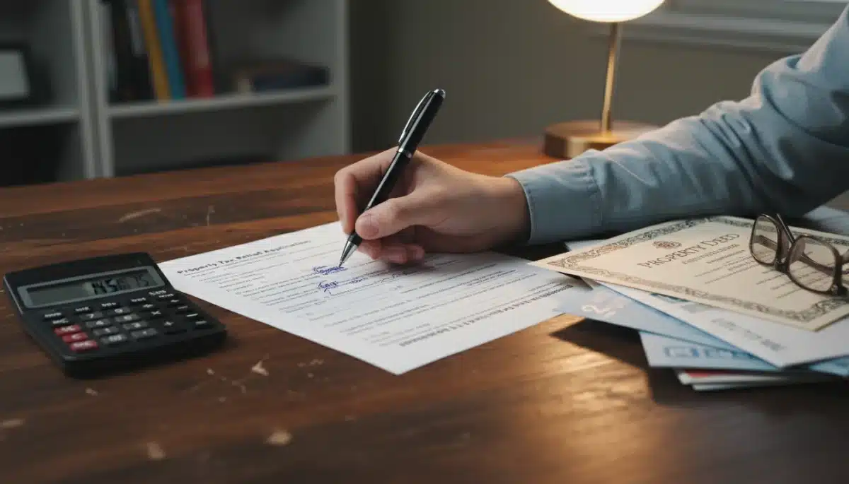 Hand filling out a property tax relief application form with a pen and calculator.