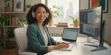 Professional woman thriving in remote work, showcasing essential digital skills for US jobs