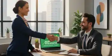 Professional woman shaking hands with a hiring manager after successful salary negotiation in the US.