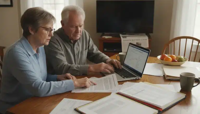 Concerned elderly couple reviewing Social Security documents