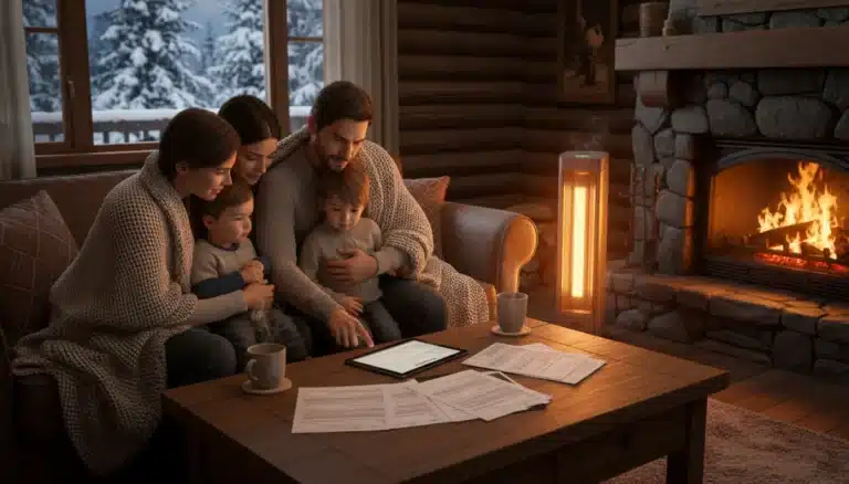 Family reading LIHEAP application documents in a warm home during winter