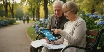 Senior couple reviewing 2026 Medicare Part D options on a tablet in a park