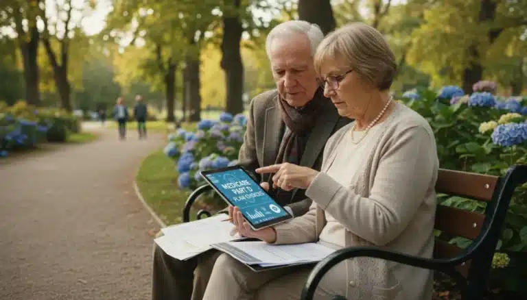Senior couple reviewing 2026 Medicare Part D options on a tablet in a park