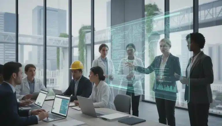 Professionals adapting to AI's impact on US jobs by 2026, showing both concern and proactive learning.