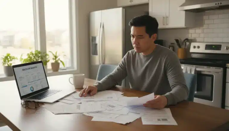 Person reviewing complex hospital bills at home, looking for ways to reduce costs