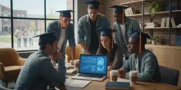Students reviewing student loan forgiveness documents on a laptop