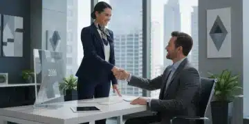 Professional woman shaking hands with interviewer in modern US office